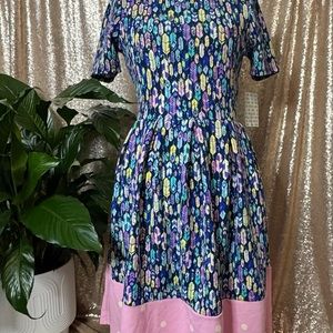 Colorful Patterned Dress with Pink Hem